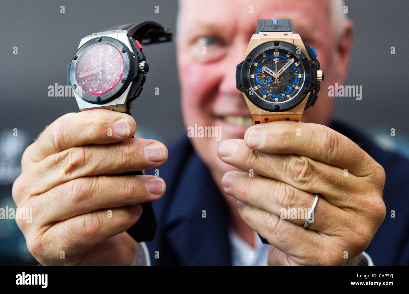 March 26, 2012 - Kiev, Russia - March 26,2012. Kiev,Ukraine. Pictured: Swiss watchmaker Hublot CEO Jean-Claude Biver presents the Euro 2012 soccer championship official watch Hublot King Power Ukraine Ã¨ Hublot King Power Poland. (Credit Image: © PhotoXpress/ZUMAPRESS.com) Stock Photo