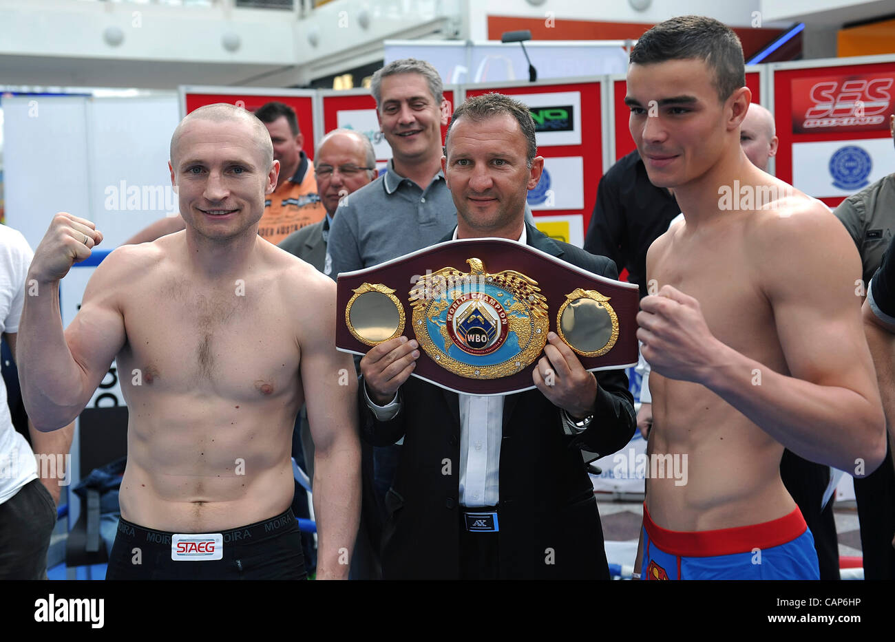 Boxer Lukas Konecny (CZE, left) and Salim Larbi (FRA) pose during the official Weight-In ahead of Interim WBO Light Middleweight Championship Title in Brno Modrice, Czech Republic on April 4, 2012. (CTK Photo/Igor Sefr) Stock Photo