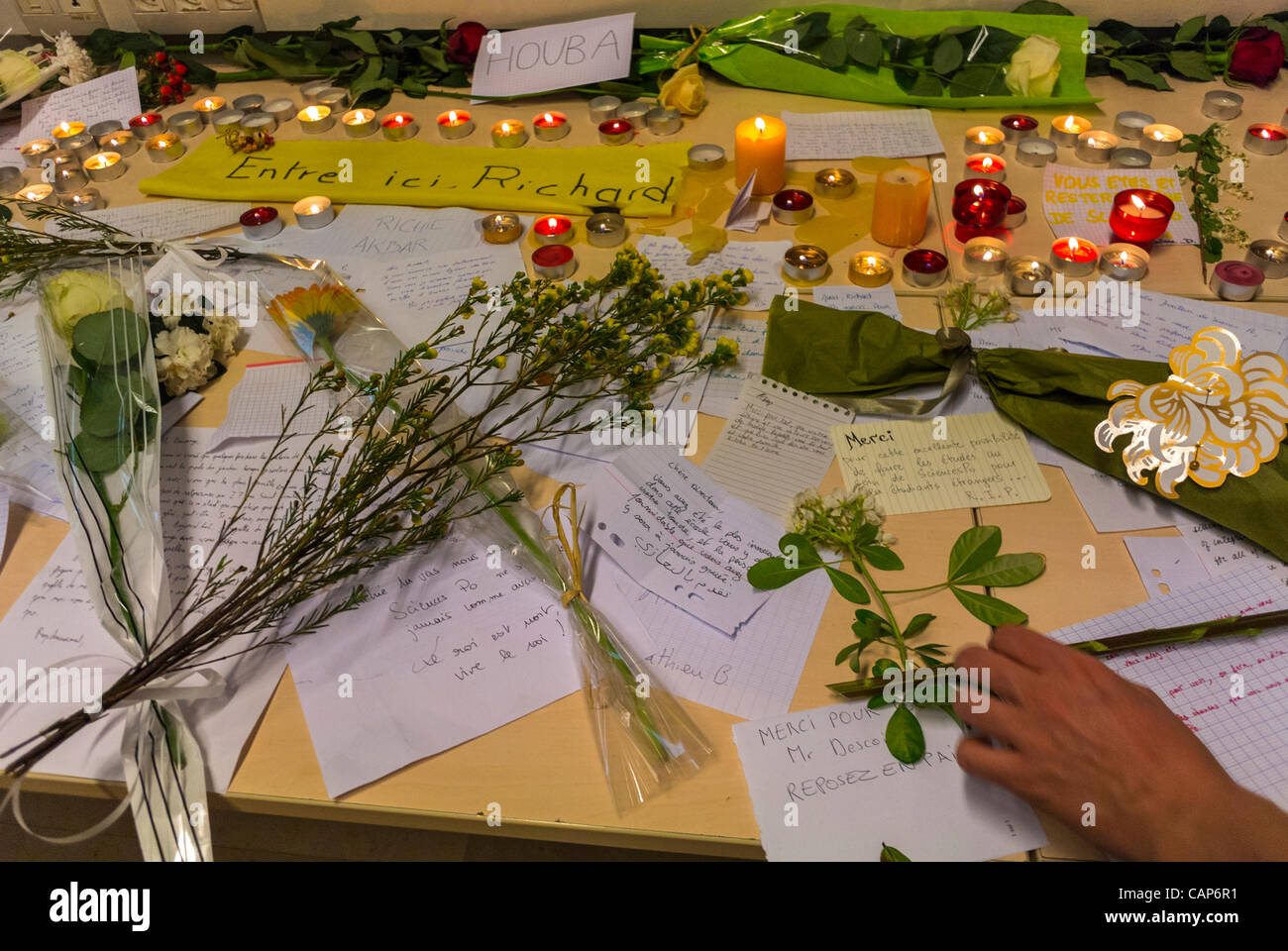 Paris, France, inside 'Paris Institute of Political Studies', 'Scien-ces Po', Campus, Mourning Flowers for Former President who Died. 'Richard Descoings' Stock Photo