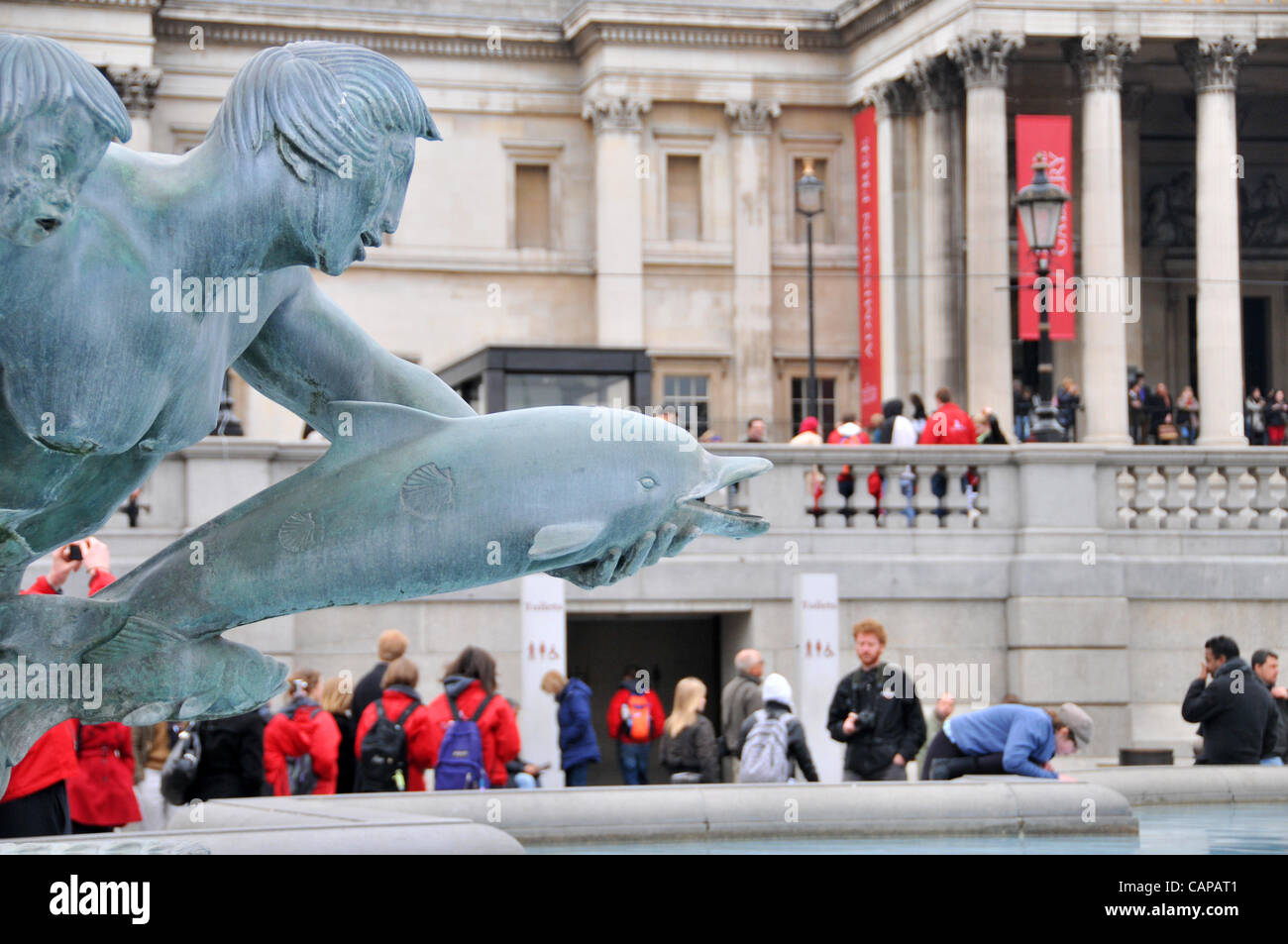 The National Gallery, Trafalgar Square, London 5/4/12. The fountains are turned off in Trafalgar Square as the hosepipe ban starts in London and the South East due to the drought. Stock Photo