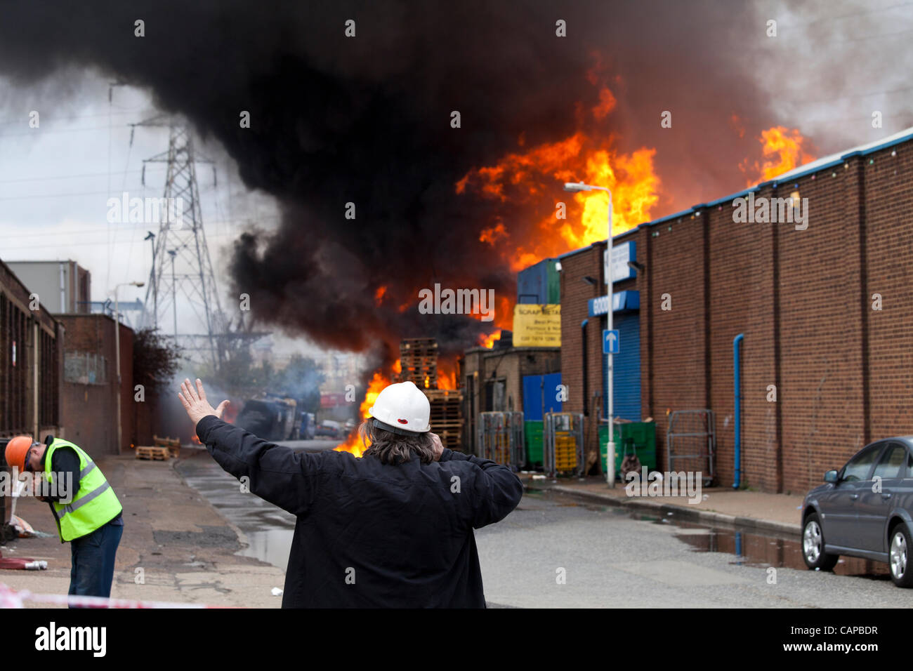 London, UK. 05 April, 2012. Fire at Bidder St, Canning Town, London. The fire reportedly caused power cuts for tens of thousands of people. Stock Photo