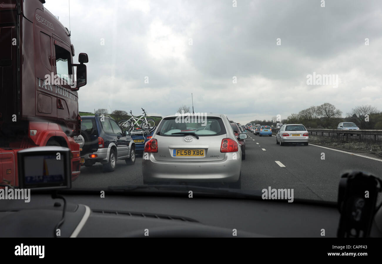 Traffic comes to a standstill on the M6 near Stafford today during heavy Bank Holiday Good Friday congestion Photograph taken by Simon Dack 6 April 2012 Stock Photo