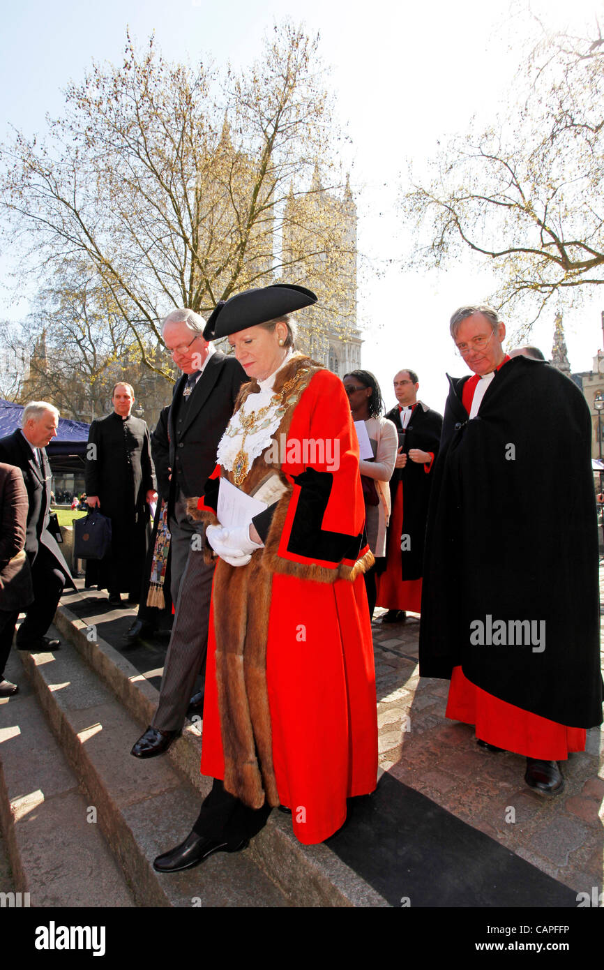 Lord Mayor of Westminster, Jan Prendergast at the Good Friday Procession of Witness in London. The procession made its way from Methodist Central Hall, to Westminster Cathedral then to Westminster Abbey in London. Stock Photo
