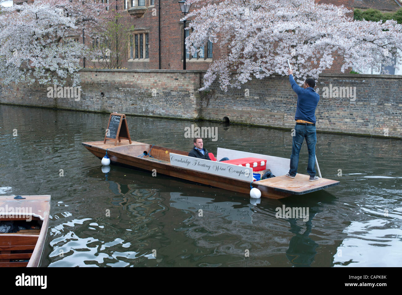 The Cambridge Floating Wine Company punt cruising on the River Cam, Cambridge UK 7/4/12. The punt started trading this weekend selling alcoholic drinks people on the River. It is the first of its kind at the tourist attraction which gets thousands of visitors a year. Stock Photo