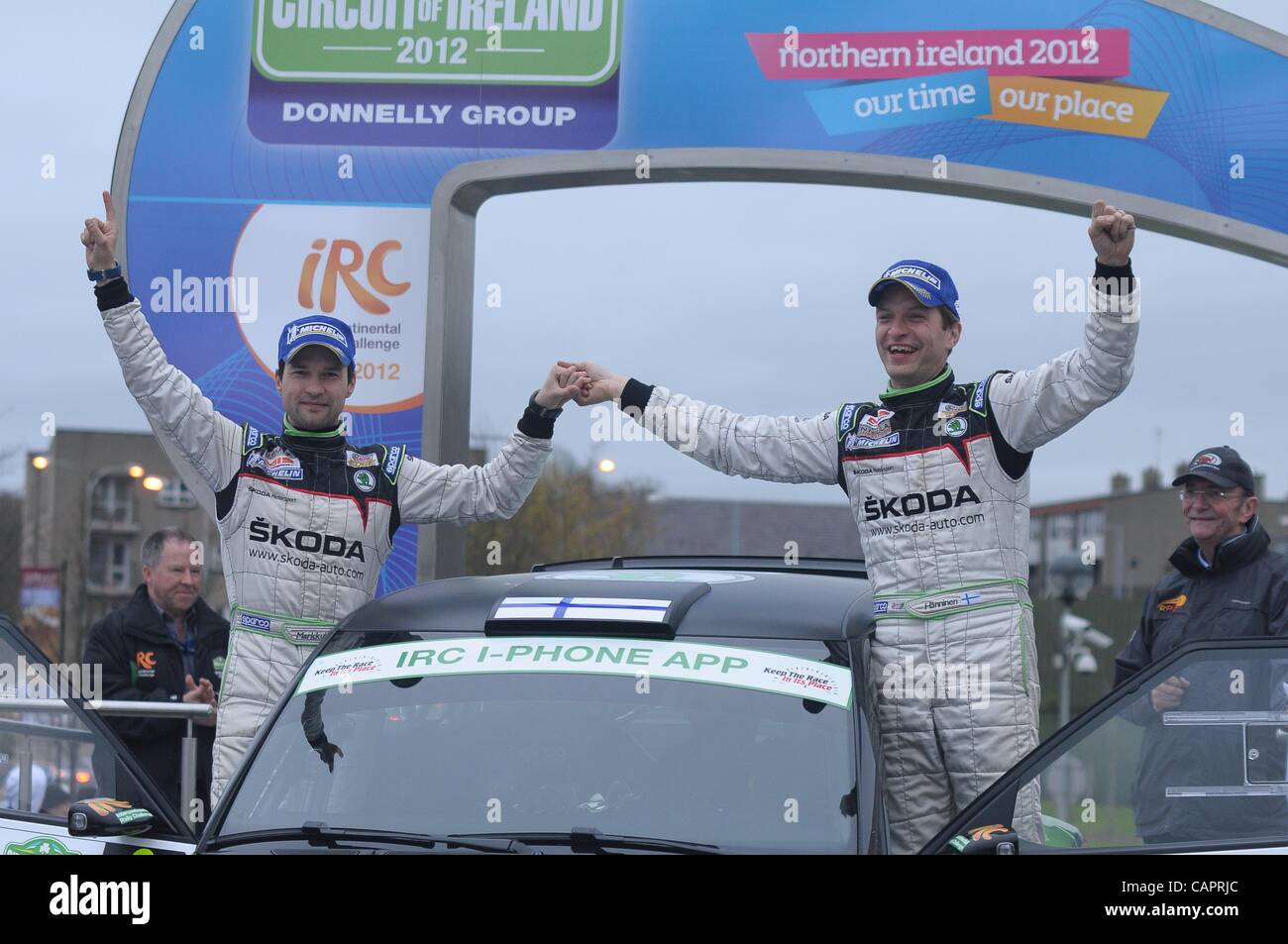 Finnish driver Juho Hanninen, right, celebrates with his navigator Mikko Markkula as they win the Circuit of Ireland International Rally in Armagh, Northern Ireland 7 April 2012. The Circuit of Ireland Rally is the third round of Intercontinental Rally Challenge 2012. Stock Photo