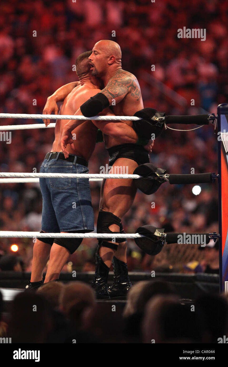 Dwayne The Rock Johnson, John Cena in attendance for WRESTLEMANIA XXVII  Press Conference, Hard Rock Cafe, New York, NY March 30, 2011. Photo By:  Rob Rich/Everett Collection Stock Photo - Alamy