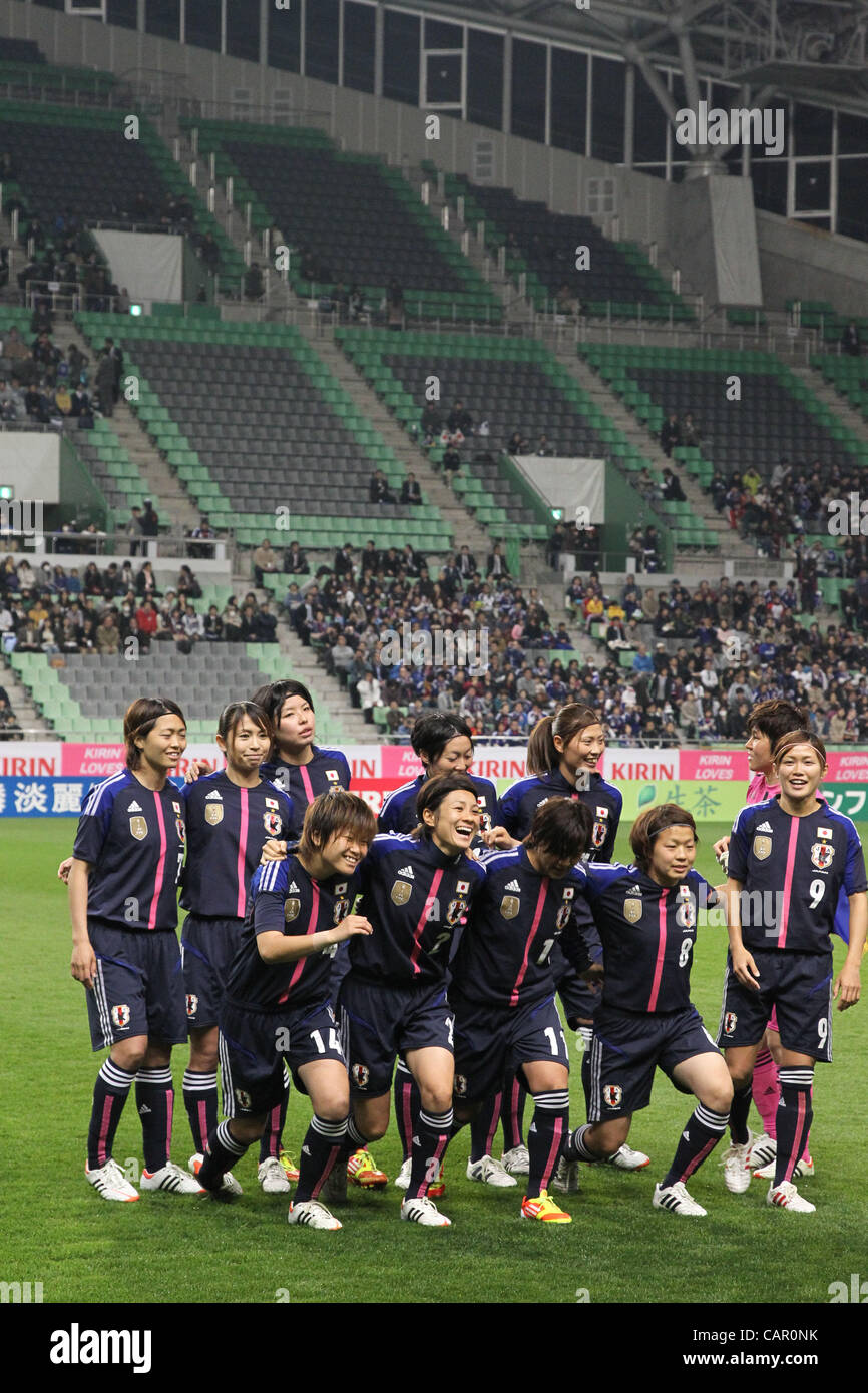 Japan team group (JPN), APRIL 5, 2012 - Football / Soccer : Japan players smile after posing for a team photo before the Kirin Challenge Cup 2012 match between Japan 4-1 Brazil at Home's Stadium Kobe in Hyogo, Japan. (Photo by Kenzaburo Matsuoka/AFLO)<br><br>(Top row - L to R) Kozue Ando, Aya Samesh Stock Photo