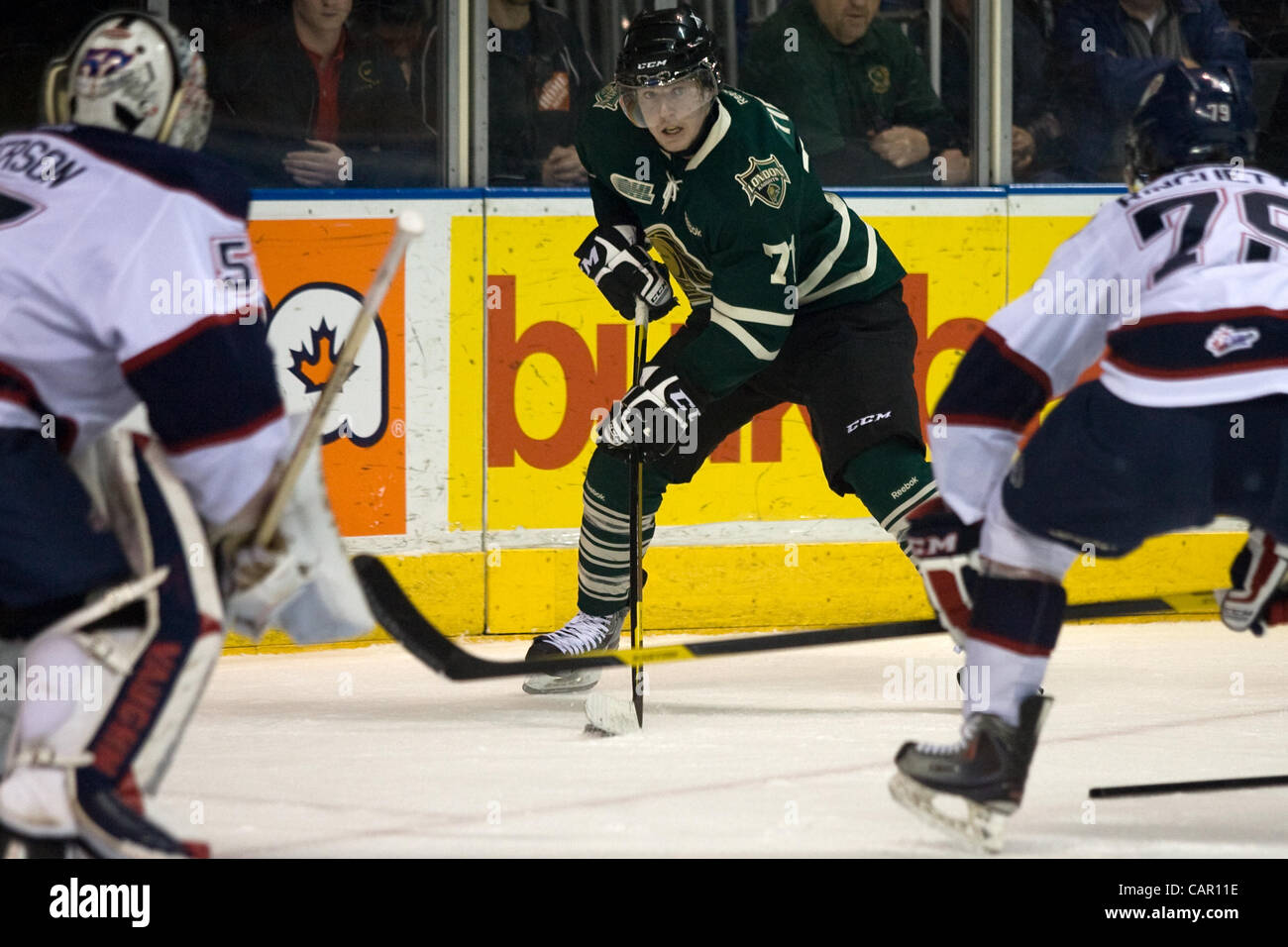 London Ontario, Canada - April 9, 2012. Chris Tierney (71) of the London Knights looks for a pass in a playoff game against the Saginaw Spirit. Saginaw defeated London 5-2 to take a 2-1 lead in the best of seven playoff series at the John Labatt Centre. Stock Photo