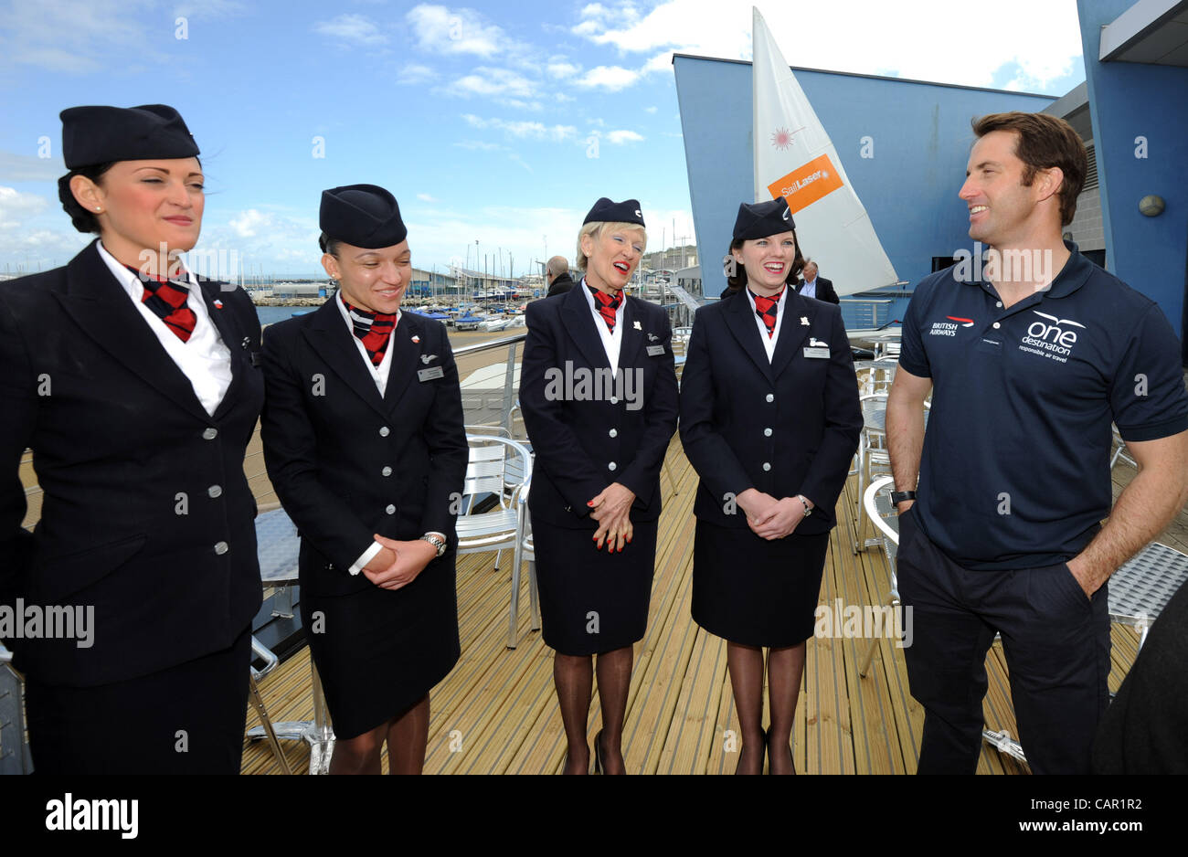 Ben Ainslie, Olympic gold medal sailor from Team GB, meeting with British Airways cabin crew at a new solar panel installation loan scheme launched by the airline at Portland in Dorset. 10/04/2012. Credit Line : Credit:  Dorset Media Service / Alamy Live News Stock Photo