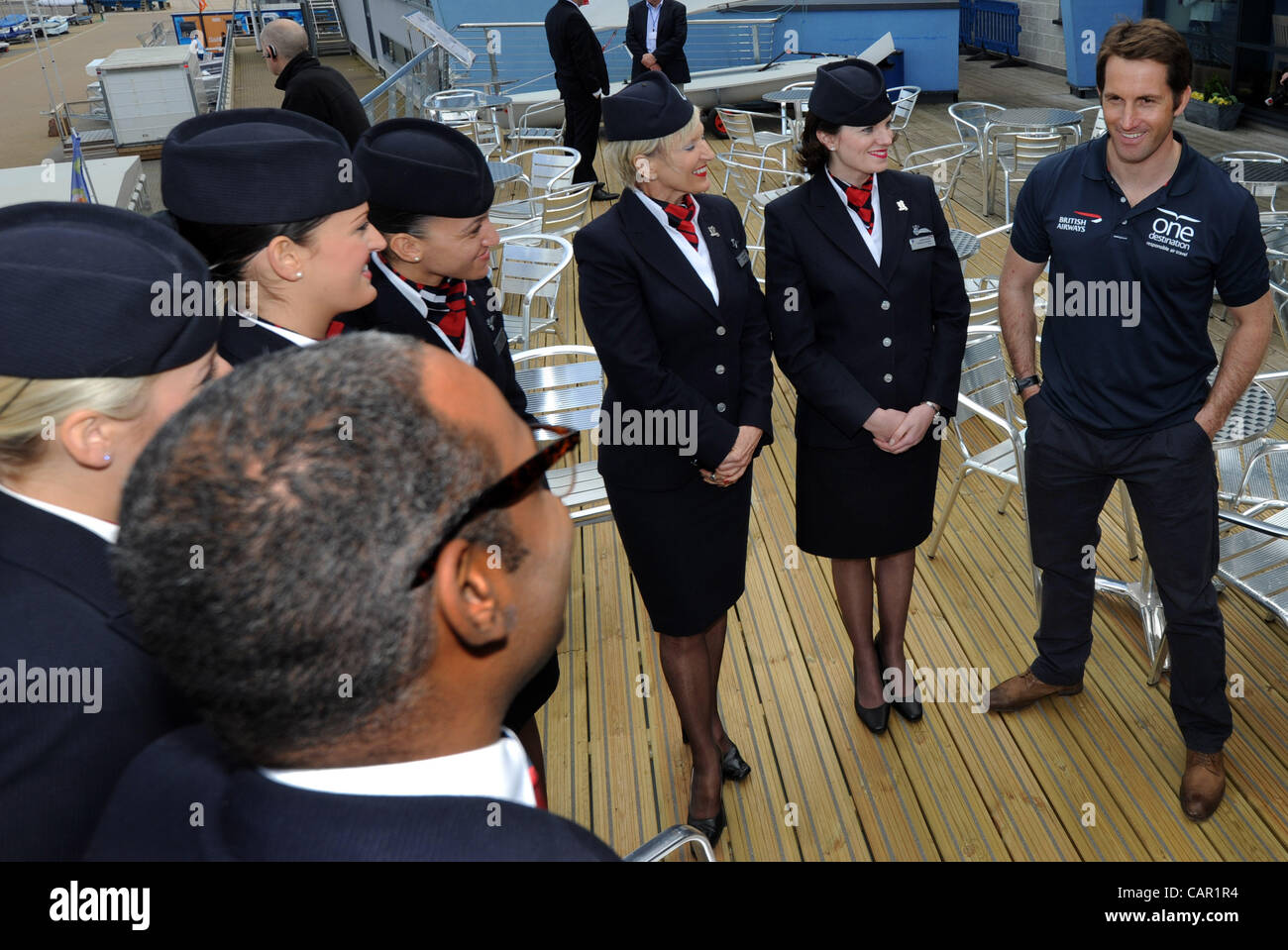 Ben Ainslie, Olympic gold medal sailor from Team GB, meeting with British Airways cabin crew at a new solar panel installation loan scheme launched by the airline at Portland in Dorset. 10/04/2012. Credit Line : Credit:  Dorset Media Service / Alamy Live News Stock Photo