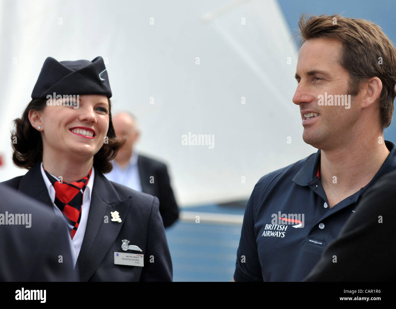 Ben Ainslie, Olympic gold medal sailor from Team GB, meeting with British Airways cabin crew at a new solar panel installation loan scheme launched by the airline at Portland in Dorset. 10/04/2012. Credit Line : Credit:  Dorset Media Service / Alamy Live News Stock Photo