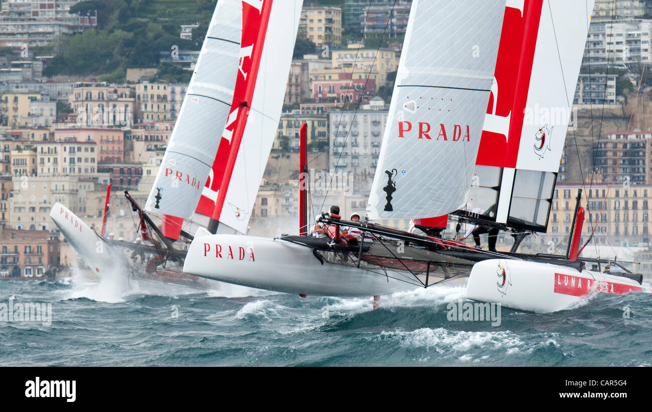 Both Luna Rossa AC45s in the first race of the America's Cup World Series regatta in Naples, Italy. 11/4/2012 Stock Photo