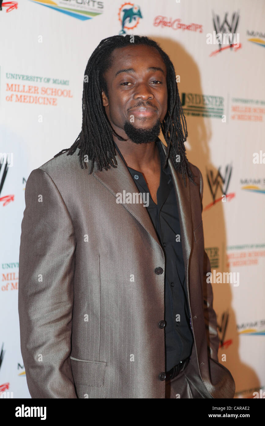 Kofi Kingston poses for media on the red carpet at the WWE 2012 Art & Fashion Show on Star Island in Miami, FL. Stock Photo