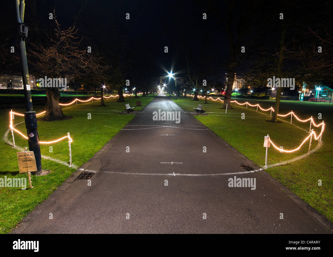 Thurs 12th April 2012. Southampton, UK. Titanic From Prow to Stern installation. The full scale outline of the Titanic, indicating the main features of the ship marked out on the ground in Andrews Park. On 14th April there will be a vigil with a spoken timeline of events and distress flares Stock Photo