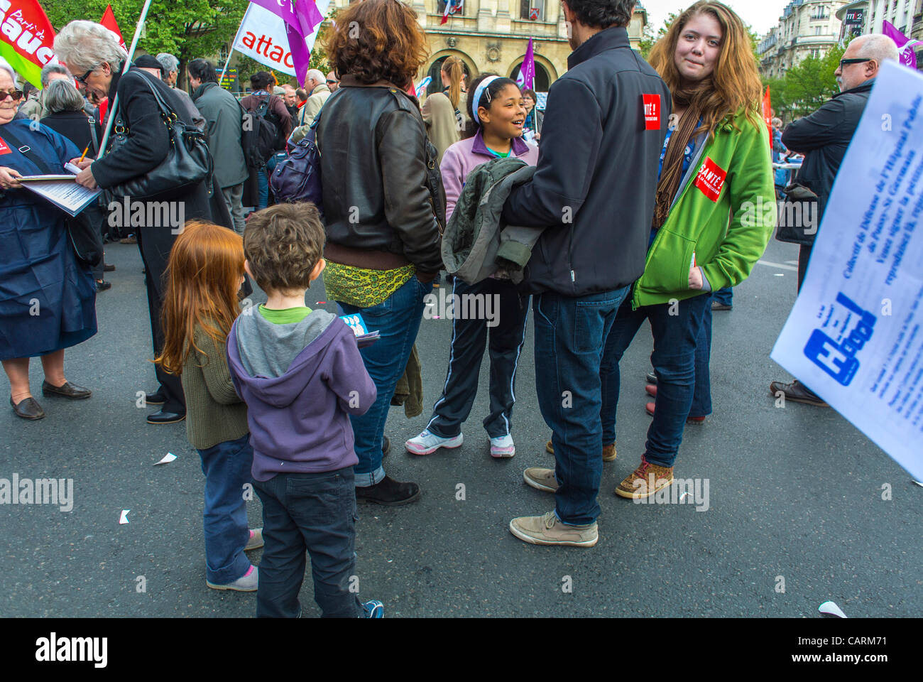 Paris, France, Crowd of French Hospital Personal Protest with Families with young children,  Health and Social Issues , protesting womens rights, pro choice rally, pro abortion protest Stock Photo