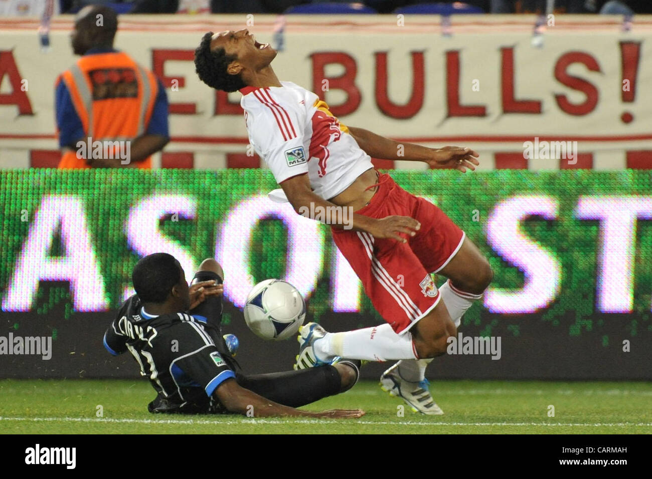 San Jose Earthquakes midfielder MARVIN CHAVEZ (81) fouls New York Red Bull defender ROY MILLER (7) at Red Bull Stadium in Harrison New Jersey the San Jose Earthquake  and New York battle to a 2 to 2 draw Stock Photo