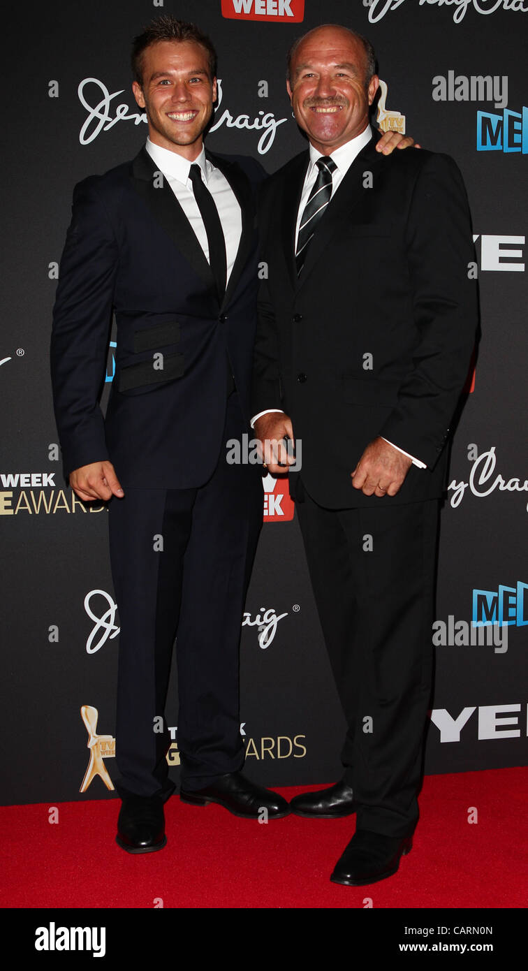 April 15, 2012 - Melbourne, NSW, Australia - Actor LINCOLN LEWIS and his father WALLY LEWIS arrive at the 2012 TV Week Logie Awards in Melbourne at the Crown Casino (Credit Image: © Marianna Massey/ZUMAPRESS.com) Stock Photo
