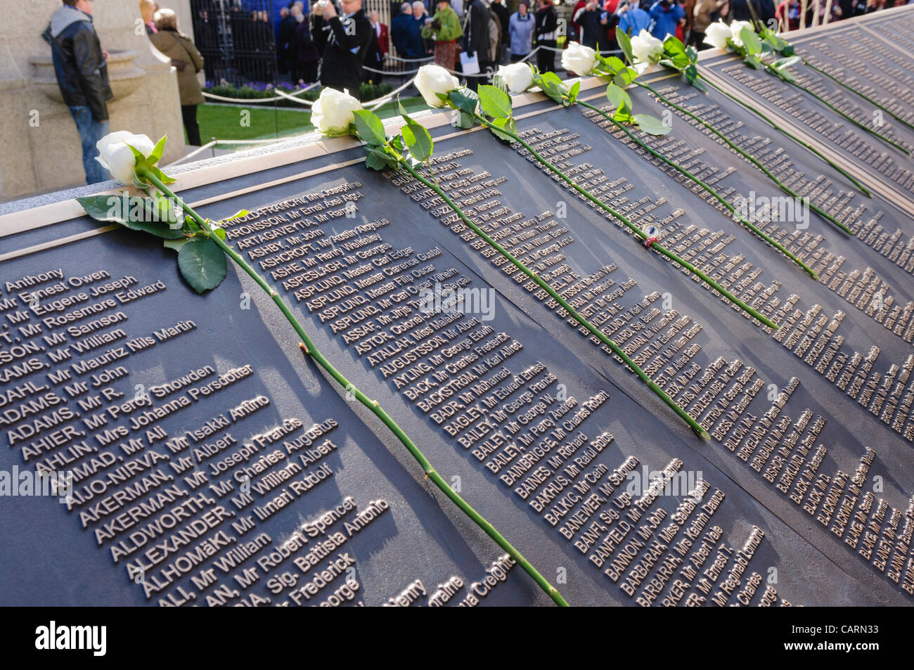 Belfast, UK. 15/04/2012 - Names of all victims at the centenary of the sinking of the Titanic, and opening of the Memorial Garden at Belfast City Hall. Stock Photo