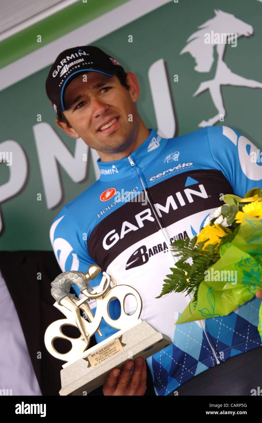 12.04.2012  UCI Grand Prix de Denain Cycling Tour. Garmin - Barracuda  Rasmussen Alex on the winners podium Stock Photo