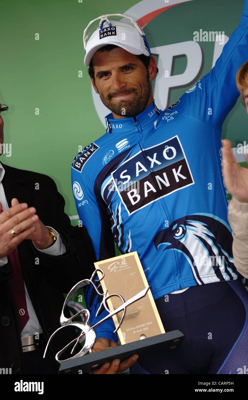 12.04.2012  UCI Grand Prix de Denain Cycling Tour. Saxo Bank 2012, Haedo Juan Jos on the winners podium Stock Photo