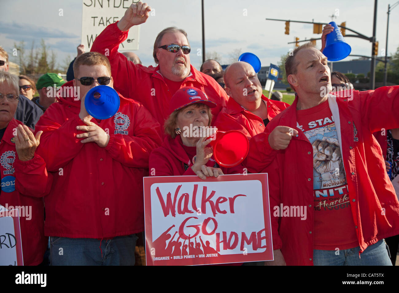 Troy, Michigan - Over a thousand union members picketed a Republican fundraiser featuring Wisconsin Governor Scott Walker and Michigan Governor Rick Snyder. Both governors are unpopular with labor for their anti-union legislation, and Walker is facing a recall election. Stock Photo