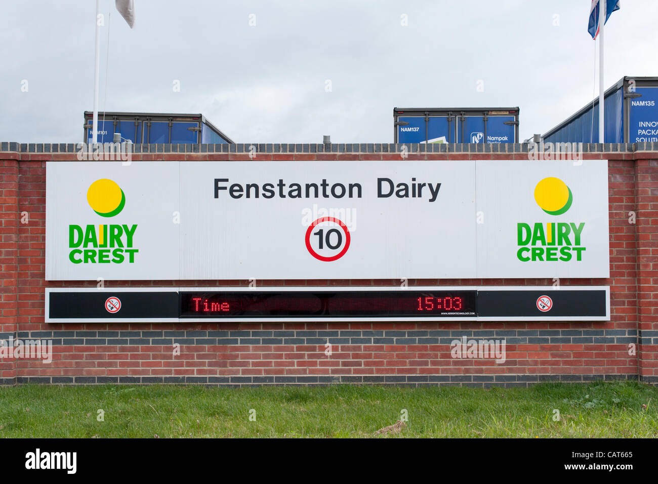 The entrance and signs at the Dairy Crest plant Fenstanton near Cambridge UK 18/4/12. The company announced yesterday that the unit may close by November with the possible loss of 250 jobs. Milk has been produced here for nearly 90 years. Stock Photo