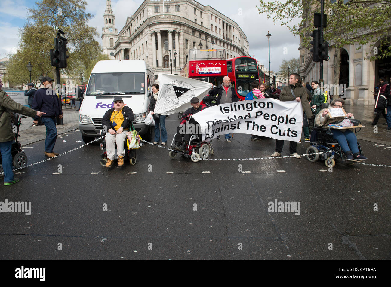 18th April 2012, Trafalgar Square,London. Disabled people block the road causing massive congestion along the Strand and other roads in protest to cuts affecting disabled residents of Islington. Stock Photo