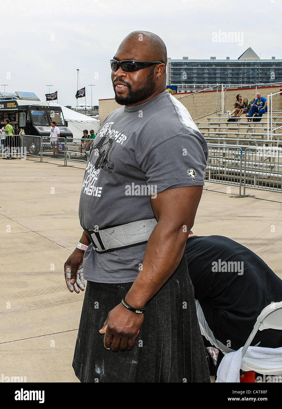 April 14, 2012 - Fort Worth, Texas, United States of America - World's Strongest Man Contestant, Mark Felix, in action during the Nascar Sprint Cup Series Samsung Mobile 500 race at Texas Motor Speedway in Fort Worth,Texas. Sprint Cup Series driver Greg Biffle (16) wins the Samsung Mobile 500 race.  Stock Photo