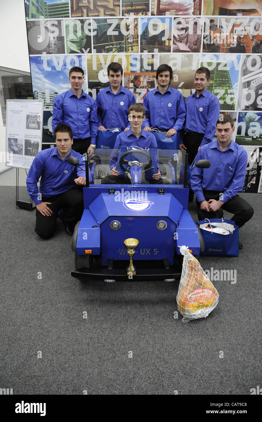 Partcipants of the competition Build your electrcally operated cart from secondary schools of the Pilsen region, Czech Republic showed results of their work on April 18, 2012. The winning team of the Secondary Transport School Pilsen shows cart  'WM - UX 5'. (CTK Photo/Petr Eret) Stock Photo