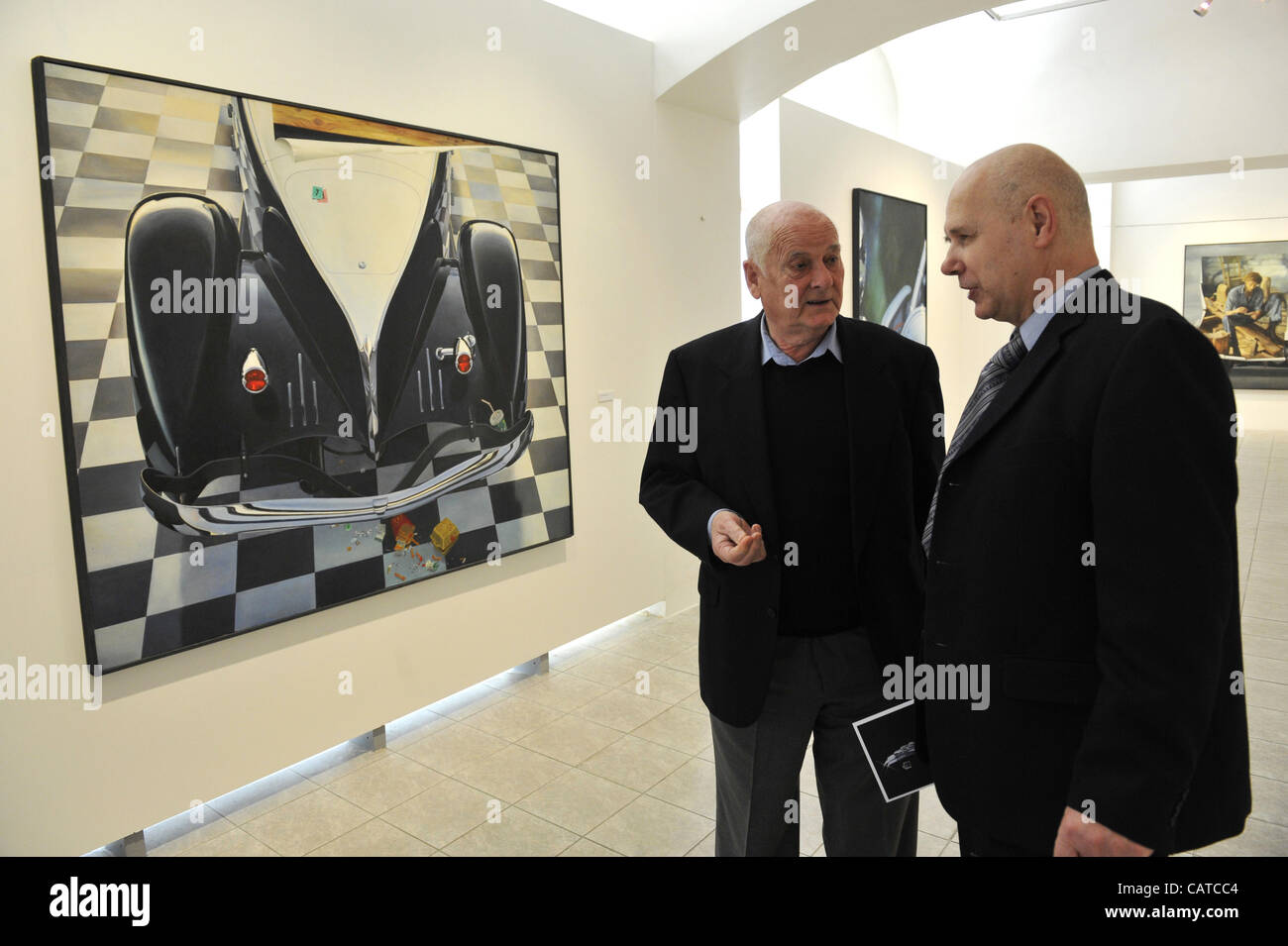 Monographic exhibition of the famous Czech painter and film designer Theodor Pistek (left)(right Vaclav Malina, general manager of the gallery) opened for his 80 birthday at the Gallery in Plzen.Czech Republic on April 19, 2012. (CTK Photo/Petr Eret) Stock Photo