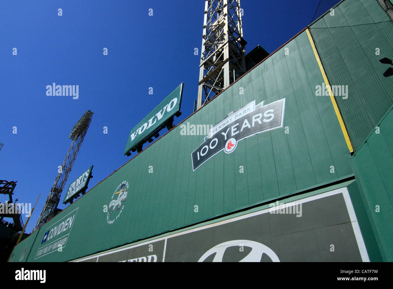 Boston, Massachusetts, USA. April 19, 2012. The Green Monster as seen from the warning track in left field of Fenway Park. Stock Photo