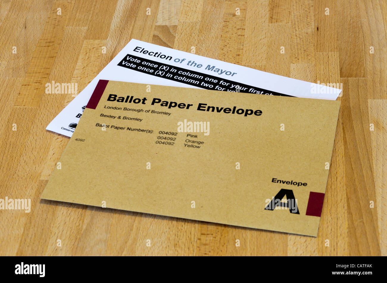 LONDON, UK, 20 April 2012, Local Elections are due to take place in England on 3 May 2012. These will include the election of the London Mayor and London Assembly.  Photograph shows postal voting form for election of the London Mayor. Stock Photo