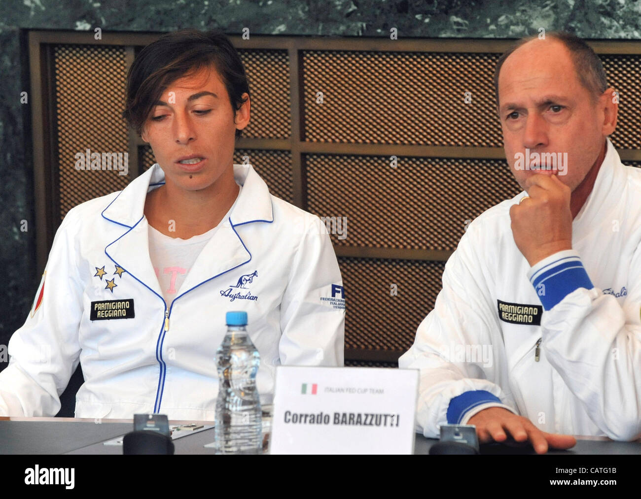 Francesca Schiavone and Corrado Barazzutti pictured after the draw ceremony prior to the Fed Cup match between Czech Republic and Italy in Prague, April 20, 2012. (CTK Photo/Jaroslav Ozana) Stock Photo