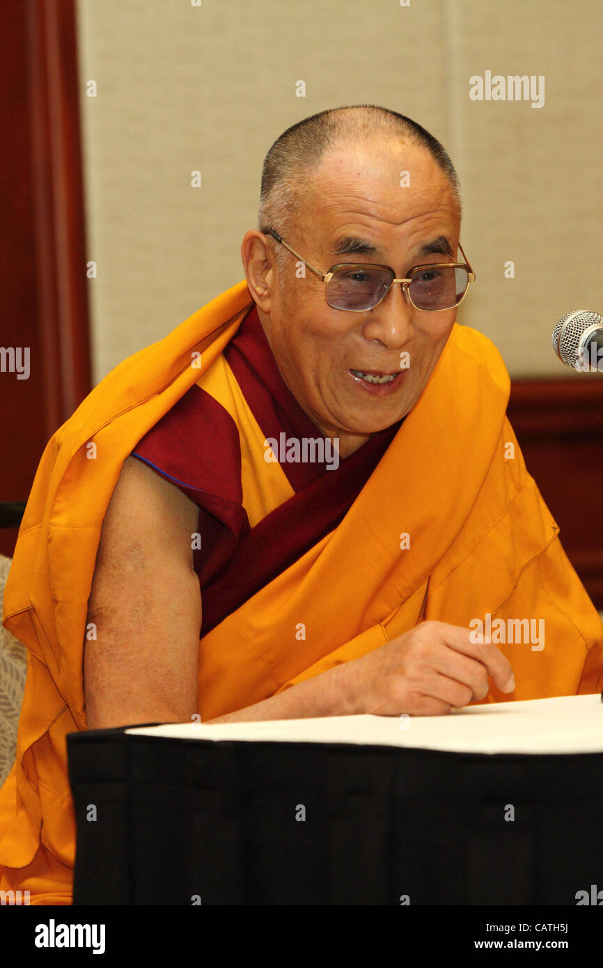 H.H. the XIV Dalai Lama gave a press conference at the Westin Hotel in Long Beach, CA on Friday, Apri 20th 2012. The Dalai Lama spoke of his 'Three Commitments' before answered questions concerning his relinquishment as political leader of the Tibetan Government in Exile, and recent self-immolation  Stock Photo