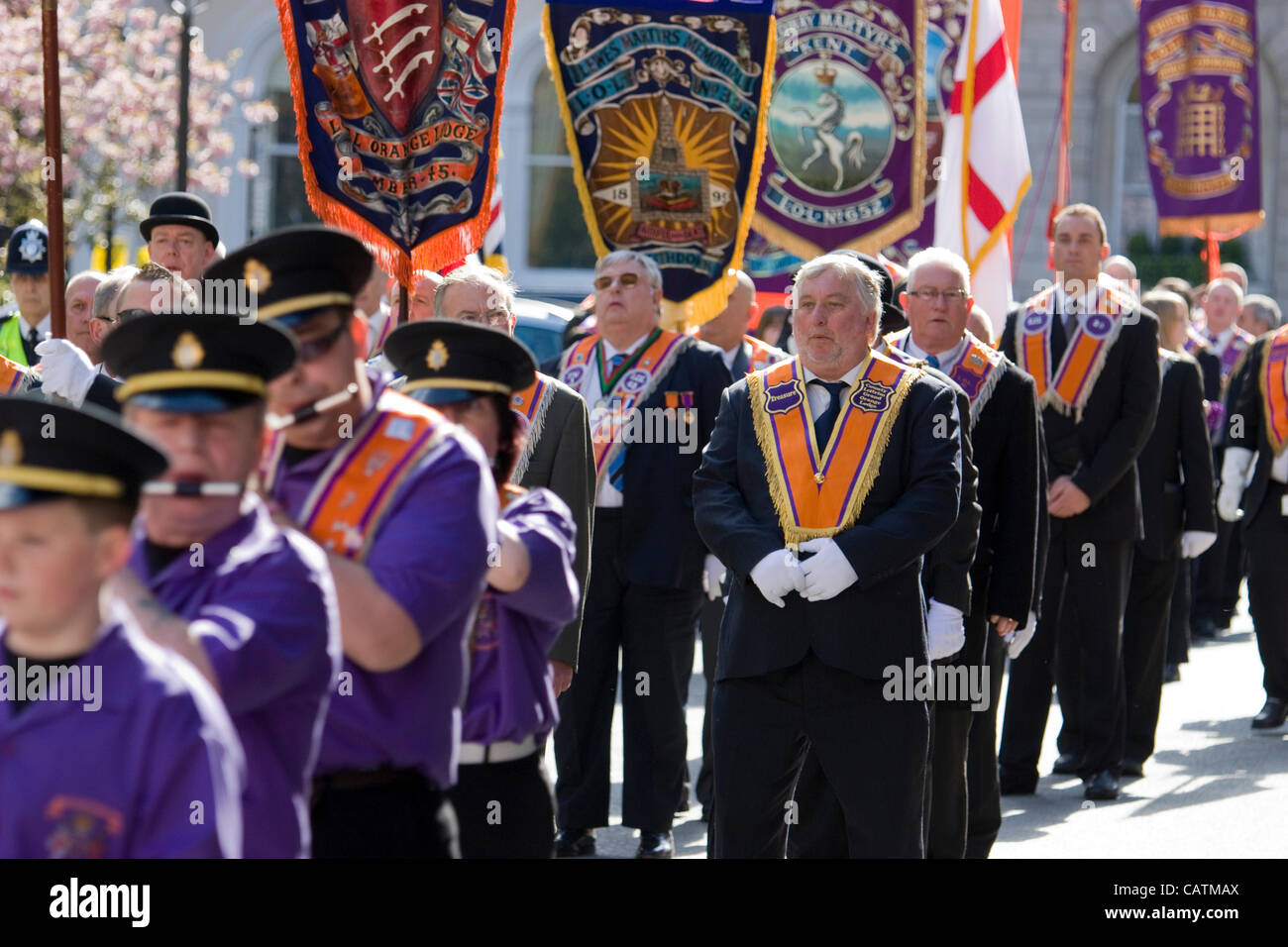 21/04/2012 London UK protestants of the Orange Order march through Central London today, the Orange Lodge, or the Orangemen loyal orange order marching through London Stock Photo
