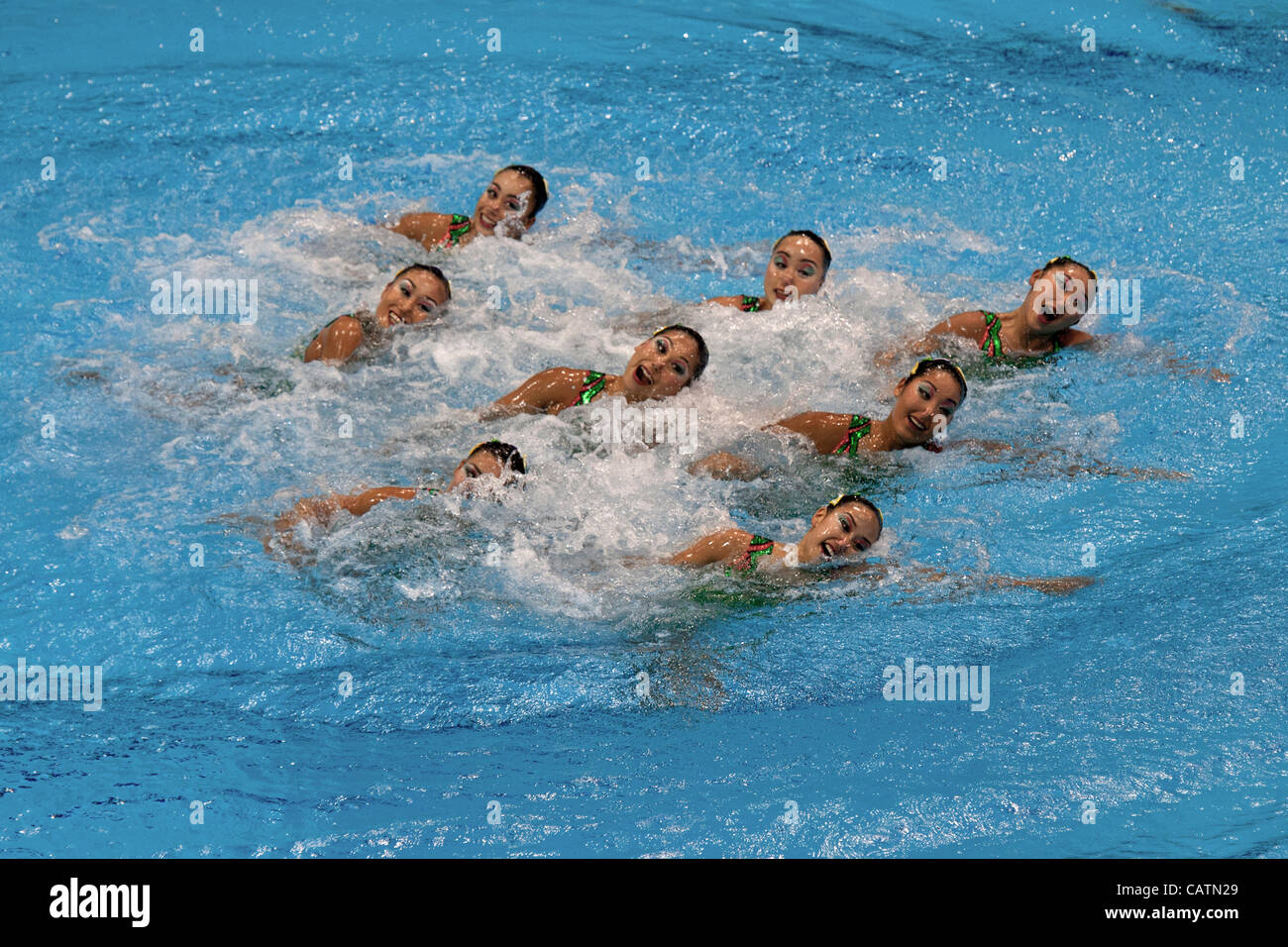 Japan Team, Yumi ADACHI, Aika HAKOYAMA, Mayo ITOYAMA, Chisa KOBAYASHI, Risako MITSUI, Mai NAKAMURA, Mariko SAKAI, Kurumi YOSHIDA, FINA Olympic Games Synchronised Swimming Qualification, 21 Apr 12, Aquatics Centre, Olympic Park, London, UK. Stock Photo