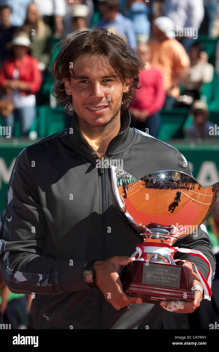 22/04/2012 Monte Carlo, Monaco.Rafael Nadal (ESP) with his trophy for  winning the final of the singles at the ATP Monte Carlo Masters tennis  tournament held in the Monte Carlo Country Club, Monaco.