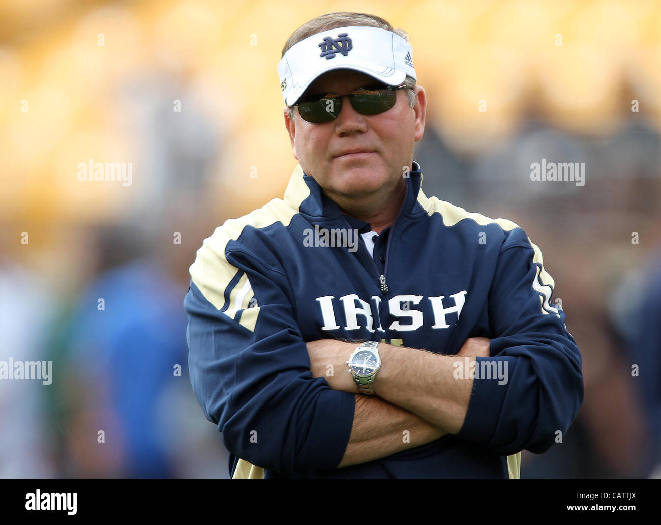 Sept. 23, 2011 - Pittsburgh, Pennsylvania, USA - Notre Dame head coach Brian Kelly. The Notre Dame Fighting Irish were able to hold onto a slight lead to beat the University of Pittsburgh Panthers in Hienz Field.  Photo By Aaron Suozzi (Credit Image: © Aaron Souzzi/ZUMAPRESS.com) Stock Photo