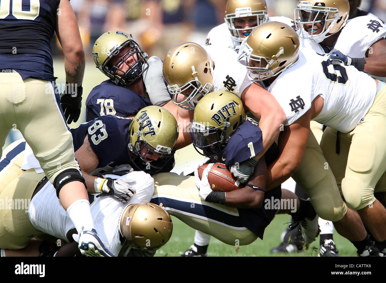 Sept. 23, 2011 - Pittsburgh, Pennsylvania, USA - The Notre Dame Fighting Irish were able to hold onto a slight lead to beat the University of Pittsburgh Panthers in Hienz Field.  Photo By Aaron Suozzi (Credit Image: © Aaron Souzzi/ZUMAPRESS.com) Stock Photo