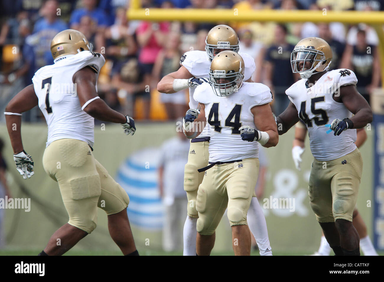 Sept. 24, 2011 - Pittsburgh, Pennsylvania, USA - Notre Dame Fighting Irish linebacker Carlo Calabrese (44). The Notre Dame Fighting Irish were able to hold onto a slight lead to beat the University of Pittsburgh Panthers in Hienz Field.  Photo By Aaron Suozzi (Credit Image: © Aaron Souzzi/ZUMAPRESS. Stock Photo