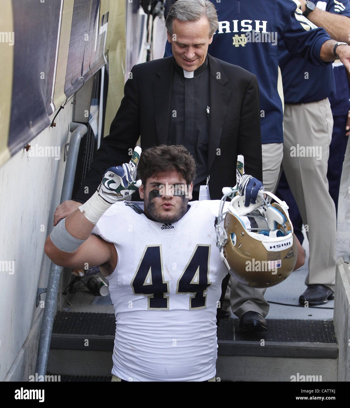 Sept. 24, 2011 - Pittsburgh, Pennsylvania, USA - Notre Dame Fighting Irish linebacker Carlo Calabrese (44). The Notre Dame Fighting Irish were able to hold onto a slight lead to beat the University of Pittsburgh Panthers in Hienz Field.  Photo By Aaron Suozzi (Credit Image: © Aaron Souzzi/ZUMAPRESS. Stock Photo
