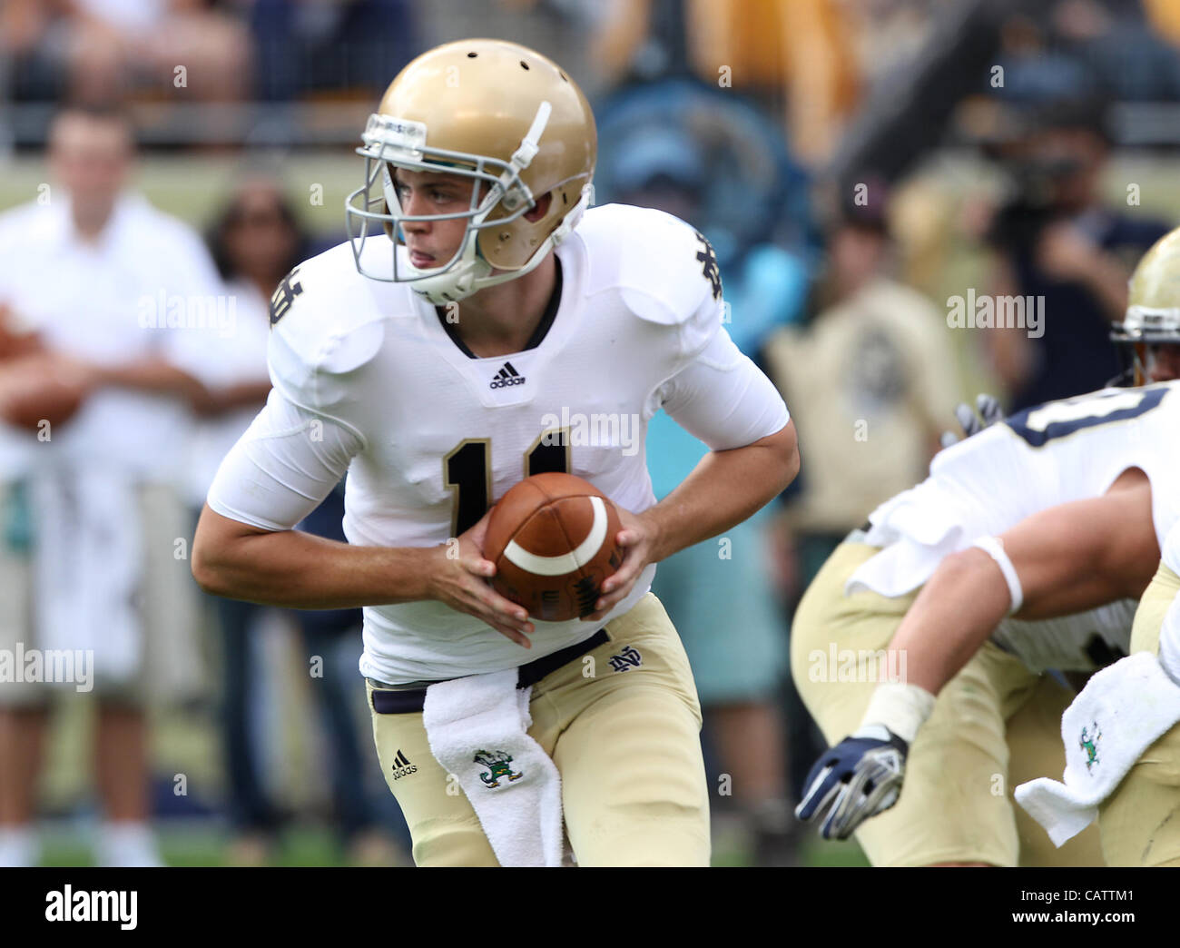 Sept. 24, 2011 - Pittsburgh, Pennsylvania, USA - Notre Dame Fighting Irish quarterback Tommy Rees (11). The Notre Dame Fighting Irish were able to hold onto a slight lead to beat the University of Pittsburgh Panthers in Hienz Field.  Photo By Aaron Suozzi (Credit Image: © Aaron Souzzi/ZUMAPRESS.com) Stock Photo