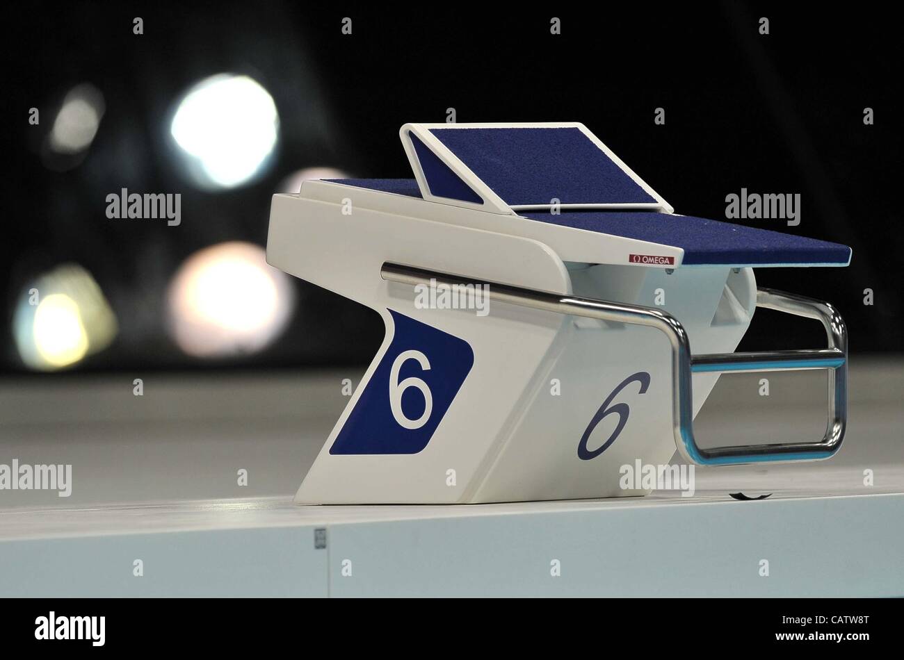 AQUATICS CENTRE, OLYMPIC PARK, LONDON, UK, Sunday. 22/04/2012. Omega Starting Blocks number six