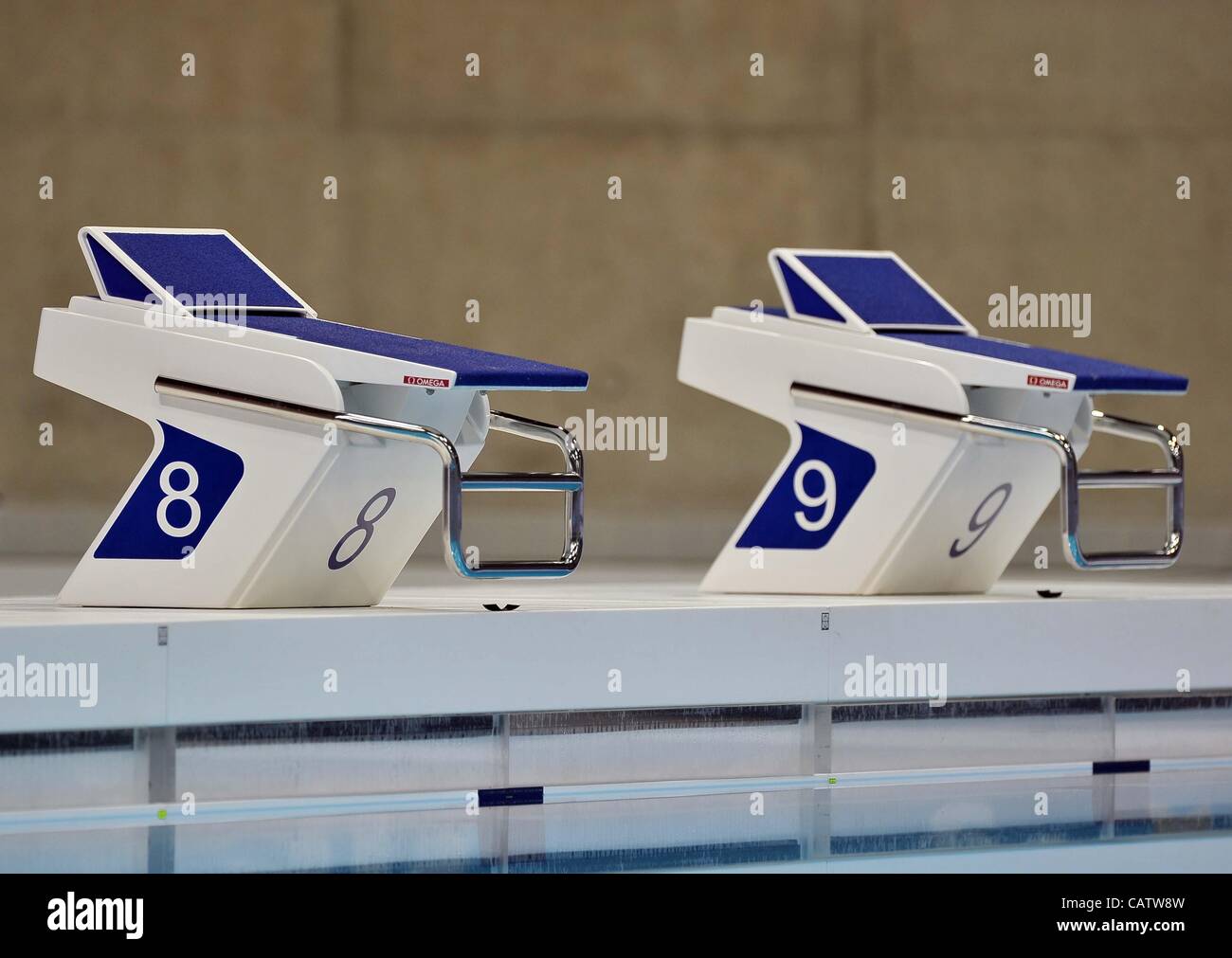 AQUATICS CENTRE, OLYMPIC PARK, LONDON, UK, Sunday. 22/04/2012. Omega Starting Blocks numbers