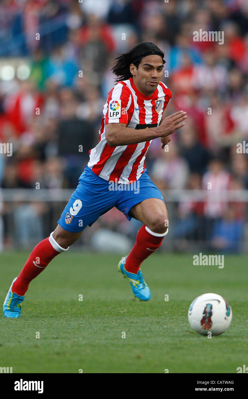 22.04.2012 MADRID, SPAIN - La Liga game  At. Madrid versus  R.C.D. Espanyol (3-1) at Vicente Calderon stadium. Picture  shows Radamel Falcao Garcia (Colombian striker of At. Madrid)  Athletico ran out winners by a score of 3-1. Stock Photo