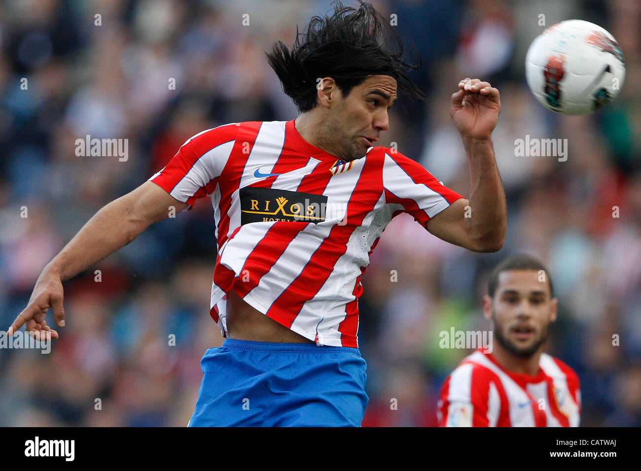 22.04.2012 MADRID, SPAIN - La Liga game  At. Madrid versus  R.C.D. Espanyol (3-1) at Vicente Calderon stadium. Picture  shows Radamel Falcao Garcia (Colombian striker of At. Madrid)  Athletico ran out winners by a score of 3-1. Stock Photo