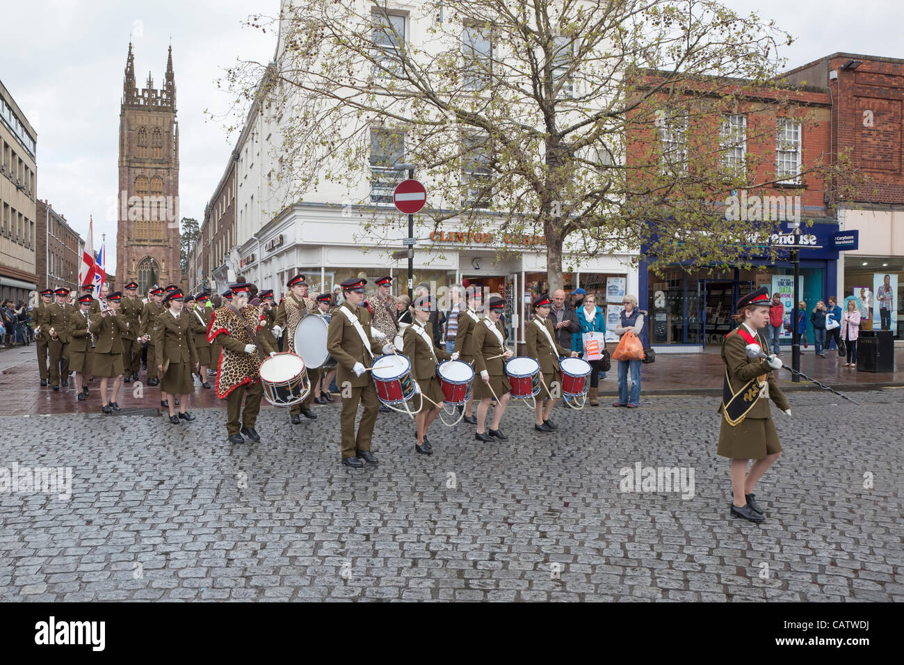 Army cadets marching through Taunton town centre, Somerset, England on Sunday 22nd April 2012 to celebrate St. George's day. This annual event is attended by regional Boy Scouts and Girl Guide groups to uphold the tradition of the patron Saint of England. Stock Photo
