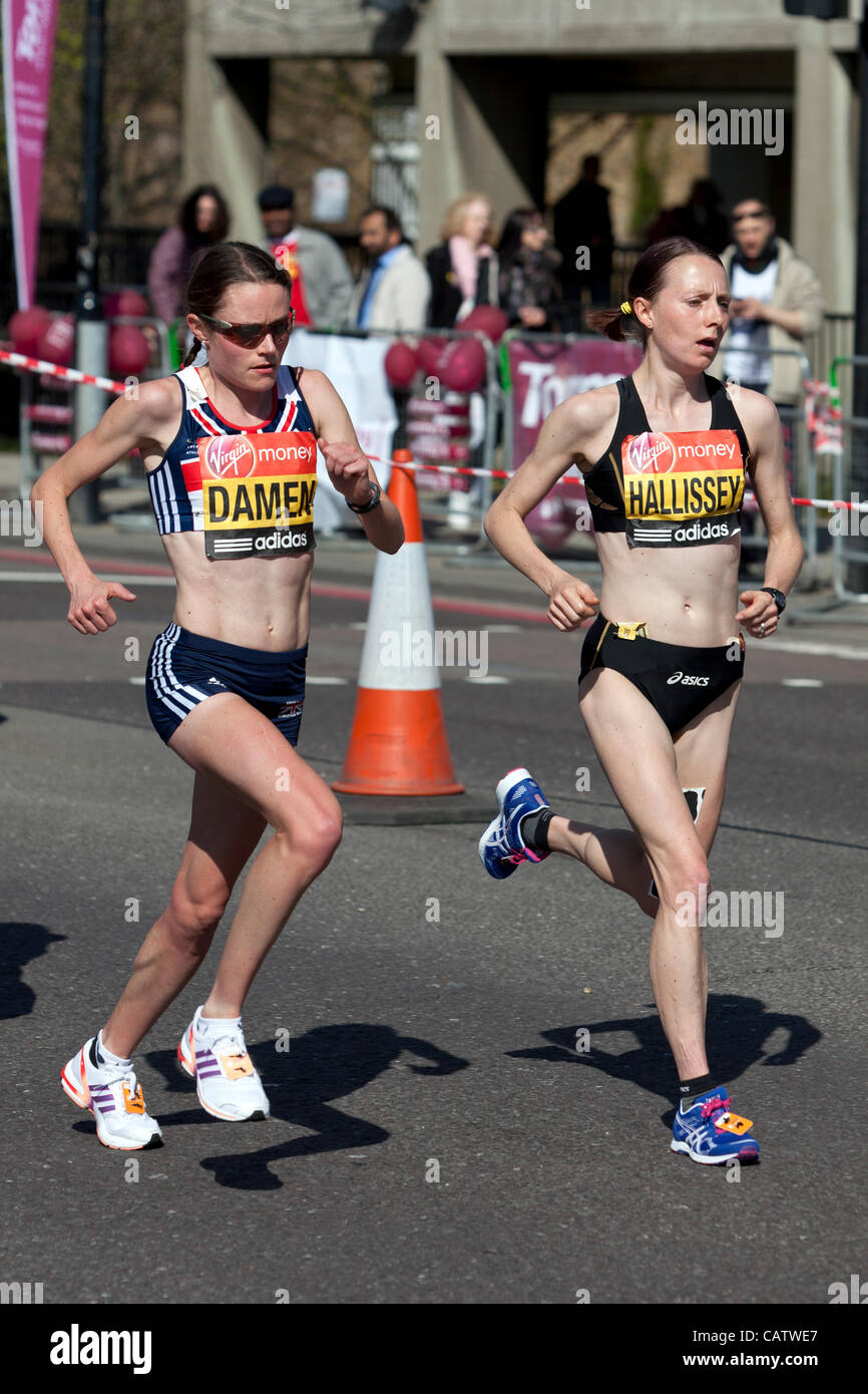 Claire Hallissey (GBR) & Louise Damen (GBR), 2012 Virgin London Marathon, 22 Apr 12, The Highway, London, UK. Stock Photo