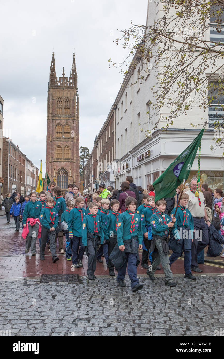Boy Scouts marching through Taunton town centre, Somerset, England on Sunday 22nd April 2012 to celebrate St. George's day. This annual event is attended by regional Boy Scouts and Girl Guide groups to uphold the tradition of the patron Saint of England. Stock Photo