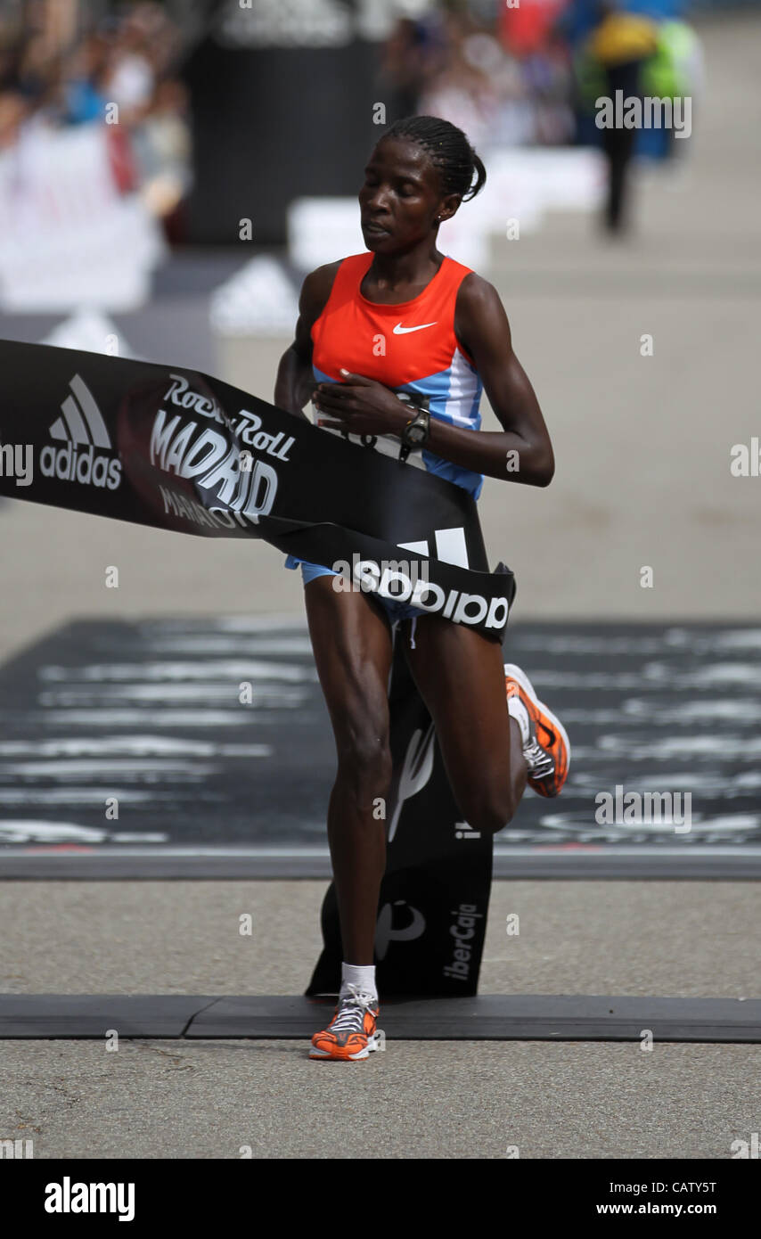 22.04.2012 Madrid, Spain. The Madrid Marathon. Margaret Agai crosses the finsh line and wons the ladies race. The race was won by Kenya’s Patrick Korir (2:12:07) mens and Margaret Agai (2:32.23) womens race. Stock Photo